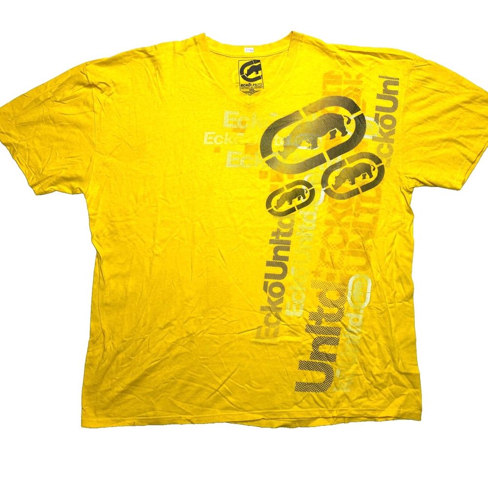 VINTAGE Ecko Unltd T-Shirt Mens 3XL Yellow Short Sleeve V-Neck Graphic Tee